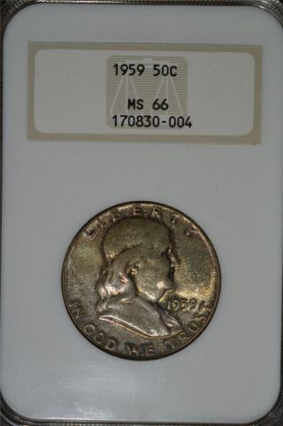 Rare 1959 P Franklin Half Dollar Silver Gem Ngc Ms66 Gold Toning 004 photo