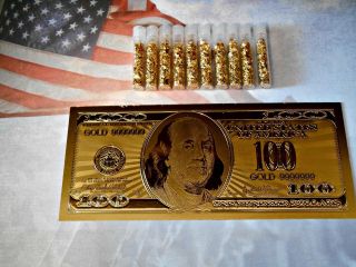 2 24k Gold Double Sided $100 Billsl,  10 Vials Of Gold Flakes photo