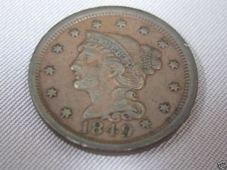 1849 Large Cent Braided Hair U.  S.  Coin Xf photo
