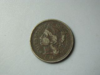 1865 Three Cent Nickel U.  S.  Coin Vf photo