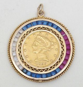 14k Gold Coin Charm Pendant Five 1899 - S $5 Dollar Sapphire Red White Blue photo