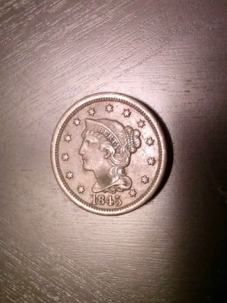 1845 United States 1c Braided Hair Cent Coin Good/ Vg photo