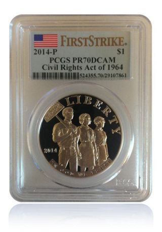 Pcgs Pr70 Dcam 2014 - P Civil Rights Act Of 1964 Silver Dollar $1 First Strike photo