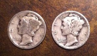 1924 - D And 1923 - S Mercury Silver Dime photo