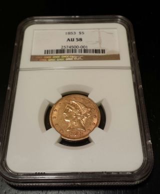 1853 $5 Gold Liberty Coin Ngc Au 58 Pq Rare Key Date photo