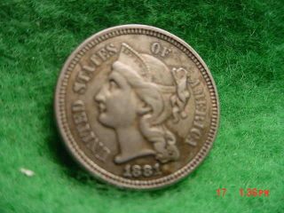 1881 Nickel 3 Cent,  About Uncirculated photo