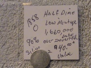 1858 O 90% Silver Half Dime Variety 3 No Arrows Low Mintage photo