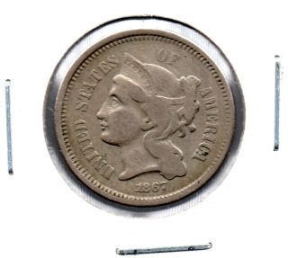 1867 Three Cent Nickel Error Struck By 45 Degree Rotated Die.  Die Rotation photo