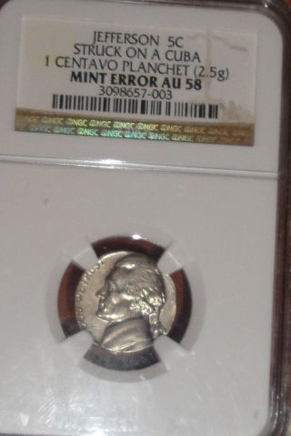 Jefferson Nickel Struck On Foreign 1 Centavo Planchet 2.  5g Error Ngc Au - 58 photo