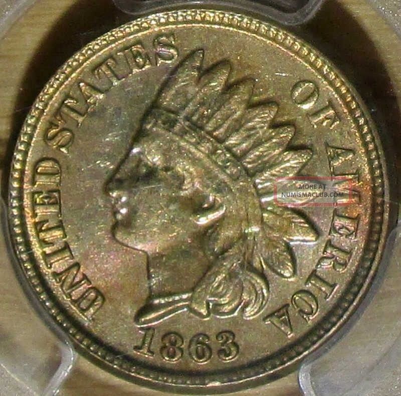 1863 Indian Head Cent Pcgs Ms 64. Rainbow Toned Copper Nickel Penny