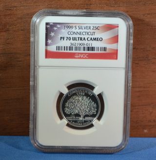 1999 - S Ngc Pf70 Ultra Cameo Silver Connecticut State Quarter.  25c photo