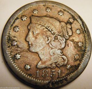 1851 Braided Hair Large Cent - Copper Cent - Km 67 - Fine - Usa Ship - F photo