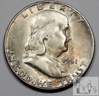 1951 S About Uncirculated Au Toned Ben Franklin Silver Half Dollar 50c Us Coin - photo