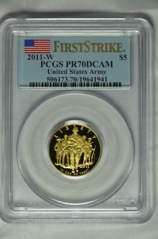 2011 W Us Army $5 1/4oz Gold Proof Pcgs Pr70 Dcam First Strike Pop Only 43 photo