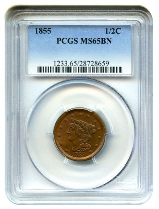 1855 1/2c Pcgs Ms65 Bn Half Cent photo
