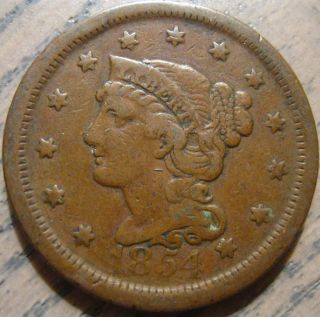 1854 Braided Hair Large Cent Fine Details On Both Faces Classic Color photo