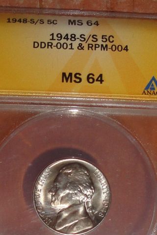 1948 - S/s Jefferson Nickel Repunched Mark Rpm - 4 & Ddr - 001 Ms - 64 photo