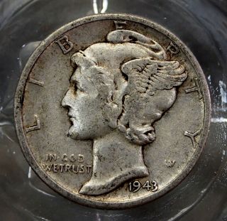Fine+ 1943 - D 90% Silver Winged Liberty (mercury Dime). .  10158 photo