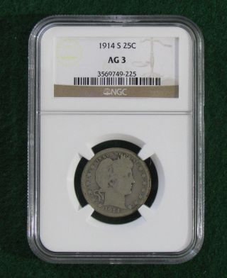 1914 - S Ngc Ag3 Barber Quarter; Low Mintage Date photo