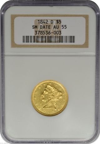 1842 - D $5 Gold Liberty Head Half Eagle Ngc Au55 Small Date Dahlonega photo