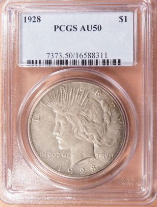 1928 Peace Dollar Pcgs Graded Au50,  Medium Toned Key Date Coin photo