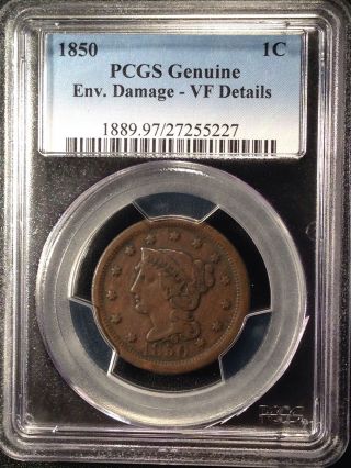 1850 Braided Hair One Cent Pcgs Vf Details  27255227 photo