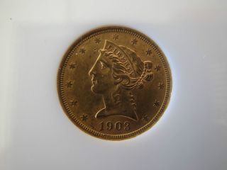 1903 - S $5 Gold Half Eagle,  Liberty Head,  Motto Above Eagle,  Ngc Ms 61 Slab photo
