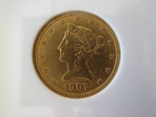 1907 - P $10 Gold Eagle,  Liberty Head,  Motto Above Eagle,  Ngc Ms 61 Slab photo