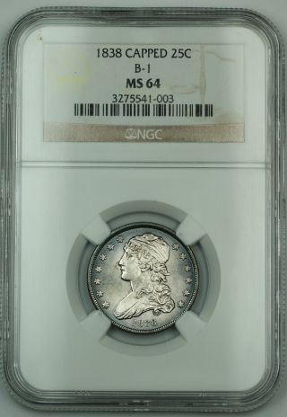 1838 Gem Bu Capped Bust Silver Quarter Ngc Ms - 64 B - 1 Toned photo
