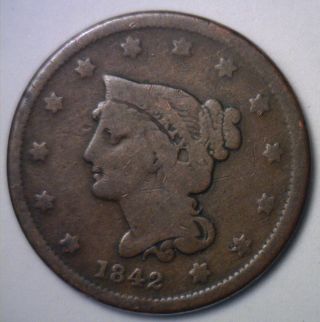 1842 Small Date Braided Hair Large Cent Copper Type Coin Sd 1c Us Penny Good photo