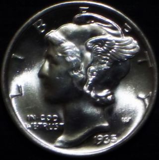 Rare Lusterous 1935 - P Silver Mercury Dime Bu/ms,  Ms Blast White With Bands 1 photo