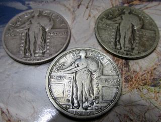 1917 25c Type 1standing Liberty Quarter&1925,  1929 All 90%silver photo
