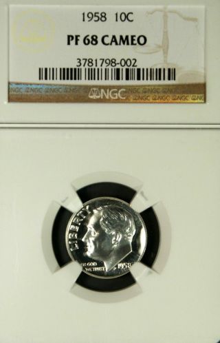 1958 Roosevelt Ngc Pf 68 Cameo.  Stunning Cameo Devices.  Spot - Surfaces photo