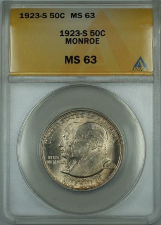 1923 - S Monroe Commemorative Silver Half Dollar 50c Anacs Ms - 63 (better Coin) photo