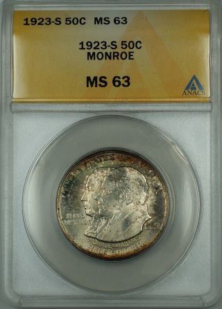 1923 - S Monroe Commemorative Silver Half Dollar 50c Coin Anacs Ms - 63 Toned photo
