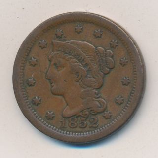 1852 Braided Hair Large Cent Circulated photo