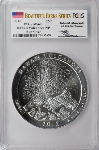 2012 Hawaii 5 Ounce Silver Pcgs Ms69 Volcanoes Atb Quarter Oz Mercanti Signed Bu photo