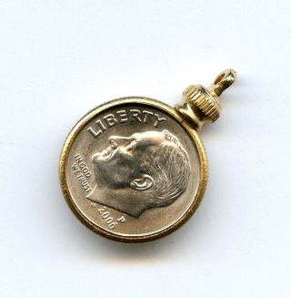 Vtg Dime Usa 10 Cent Coin Holder Bezel Gold Tone Charm Pendant Screw On Top photo