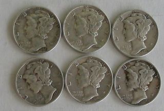 Six Silver 1944 Mercury Dimes - photo