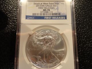 2013 - W American Silver Eagle Ngc Ms70 S $1 Dollar First Release Blue Label photo