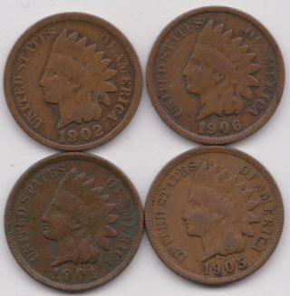 1901,  1902,  1905,  1906 United States Indian Head Cents.  One Low Bid.  99 Start Nr. photo