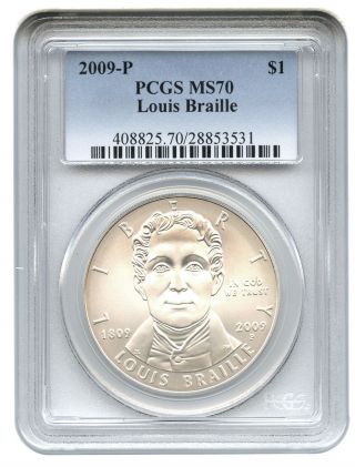 2009 - P Louis Braille $1 Pcgs Ms70 Modern Commemorative Silver Dollar photo