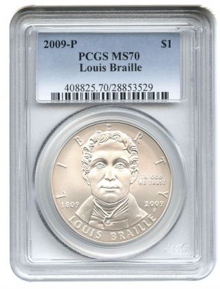 2009 - P Louis Braille $1 Pcgs Ms70 Modern Commemorative Silver Dollar photo