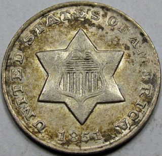 1851 - O Silver Three Cent Piece Choice Au+. . .  So And,  And Scarce photo