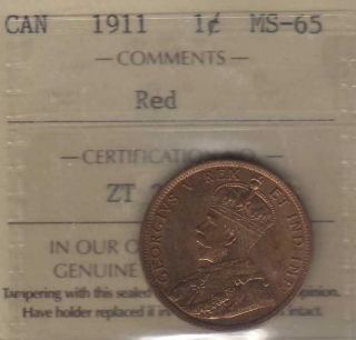 1911 Canada Large Cent.  Iccs Ms - 65.  Red photo