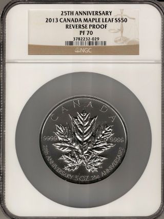 NGC SILVER PF 69 REVERSE PROOF 2013 CANADA MAPLE LEAF S$50 25TH ANNIVERSARY 