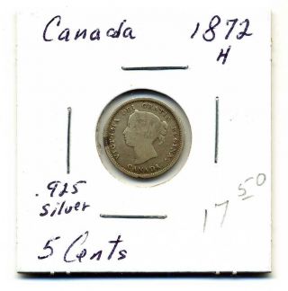 Canada 5 Cents.  925 Silver 1872 - H,  Very Good photo