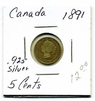 Canada 5 Cents.  925 Silver 1891,  Very Good+ photo