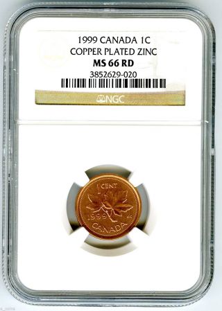 1999 Canada Cent Ngc Ms66 Rd Copper Plated Non Magnetic Zinc Top Grade Rare photo