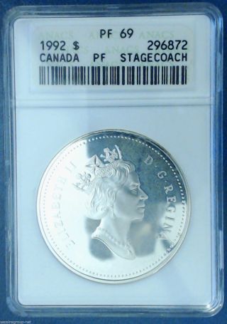 1992 $1 Stagecoach Dc (proof) Silver Canada Dollar Anacs Pf - 69 photo